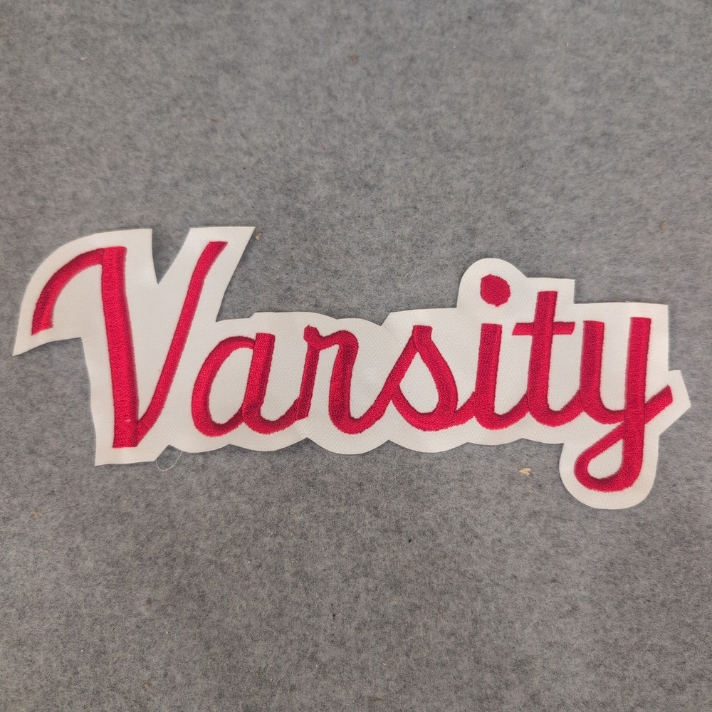 Varsity Script Embroidered Patch Red White Collegiate Letterman Applique - Picture 1 of 3